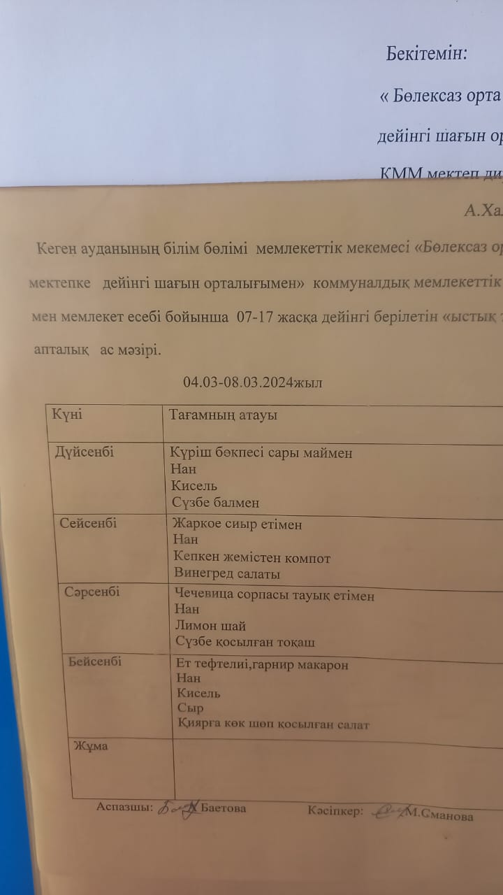 Апталық ас мәзірі