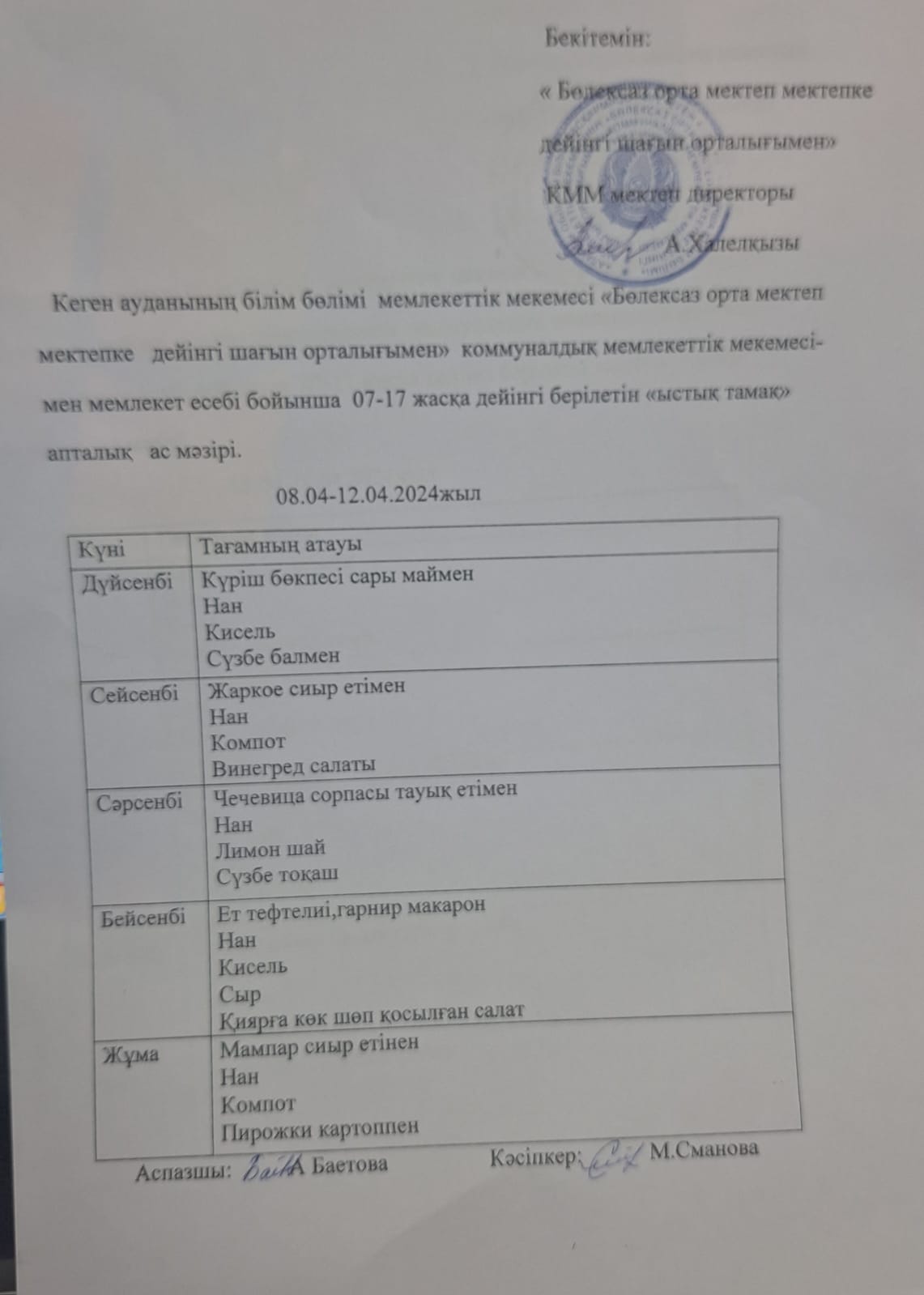 Апталық ас мәзірі