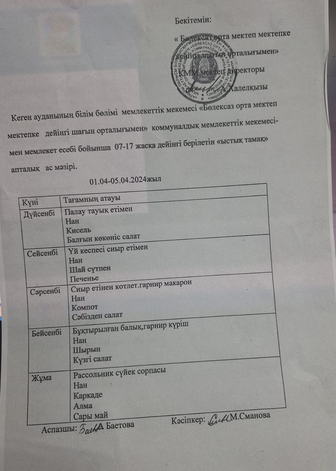 Апталық ас мәзір